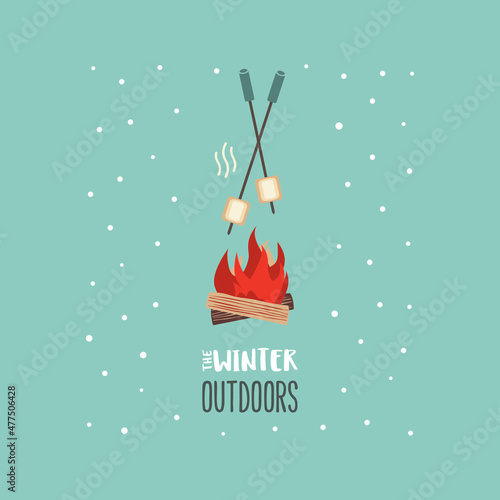 Warm cozy smores station welcome sign flat vector icon. Marshmallow roast cartoon. Campfire fun treat background. Outdoors fun picnic invitation template. Winter season holiday leisure illustration