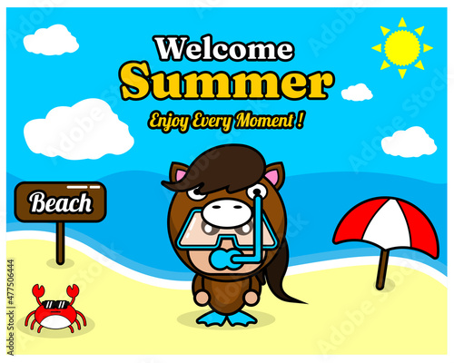 summer beach and sand background design with text enjoy every moment and summer element board that says beach, crab and umbrella, in horse animal mascot costume wearing a senorkel © Kristian
