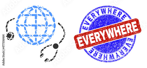 Vector mosaic global medical service icon, and bicolor Everywhere textured seal print. Abstract mosaic of global medical service made of circle, triangle, square geometric elements.