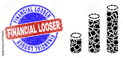 Vector mosaic cylinder chart icon, and bicolor Financial Looser rubber seal print. Abstract collage of cylinder chart organized of round, triangle, square geometric items.