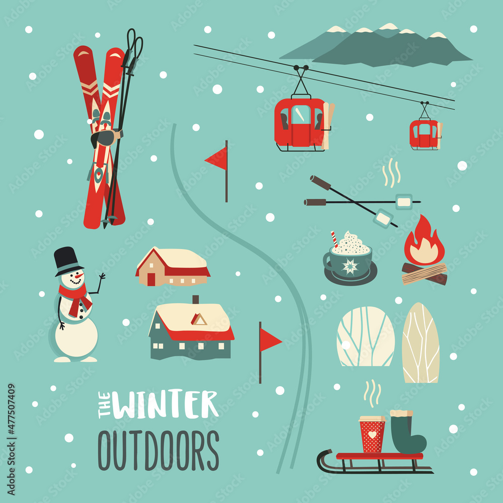 Winter outdoors fun leisure activity vector icon set. Mountain ski, cabin,  sleigh, cable car cartoon illustration. Wintertime holidays weekend leisure  background. Nature recreation sign collection Stock Vector | Adobe Stock