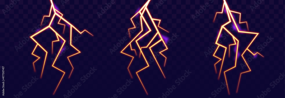 Realistic lightning vector set. Thunder bolt, storm lightning. Isolated bright light Thunder storms effects elements on background. Vector Illustration.