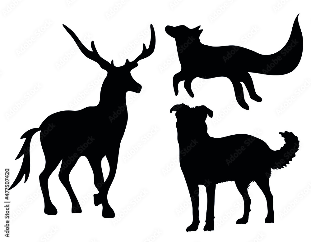 Vector printable black and white silhouette pack: hand drawn deer, fox and dog Vector printable black and white silhouette pack: hand drawn deer, fox and dog