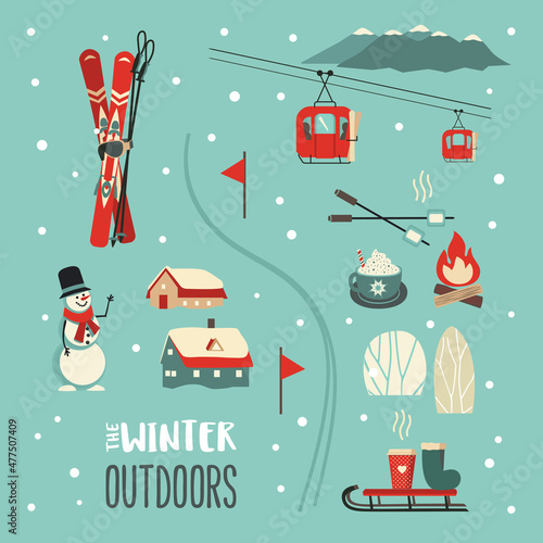 Winter outdoors fun leisure activity vector icon set. Mountain ski, cabin, sleigh, cable car cartoon illustration. Wintertime holidays weekend leisure background. Nature recreation sign collection