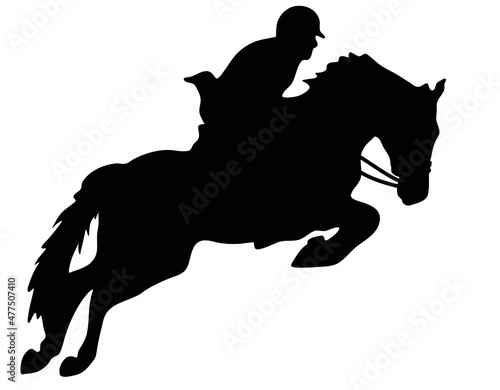 Vector printable black and white silhouette: show jumping horse and rider