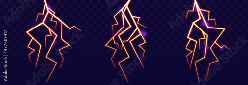 Realistic lightning vector set. Thunder bolt, storm lightning. Isolated bright light Thunder storms effects elements on background. Vector Illustration.