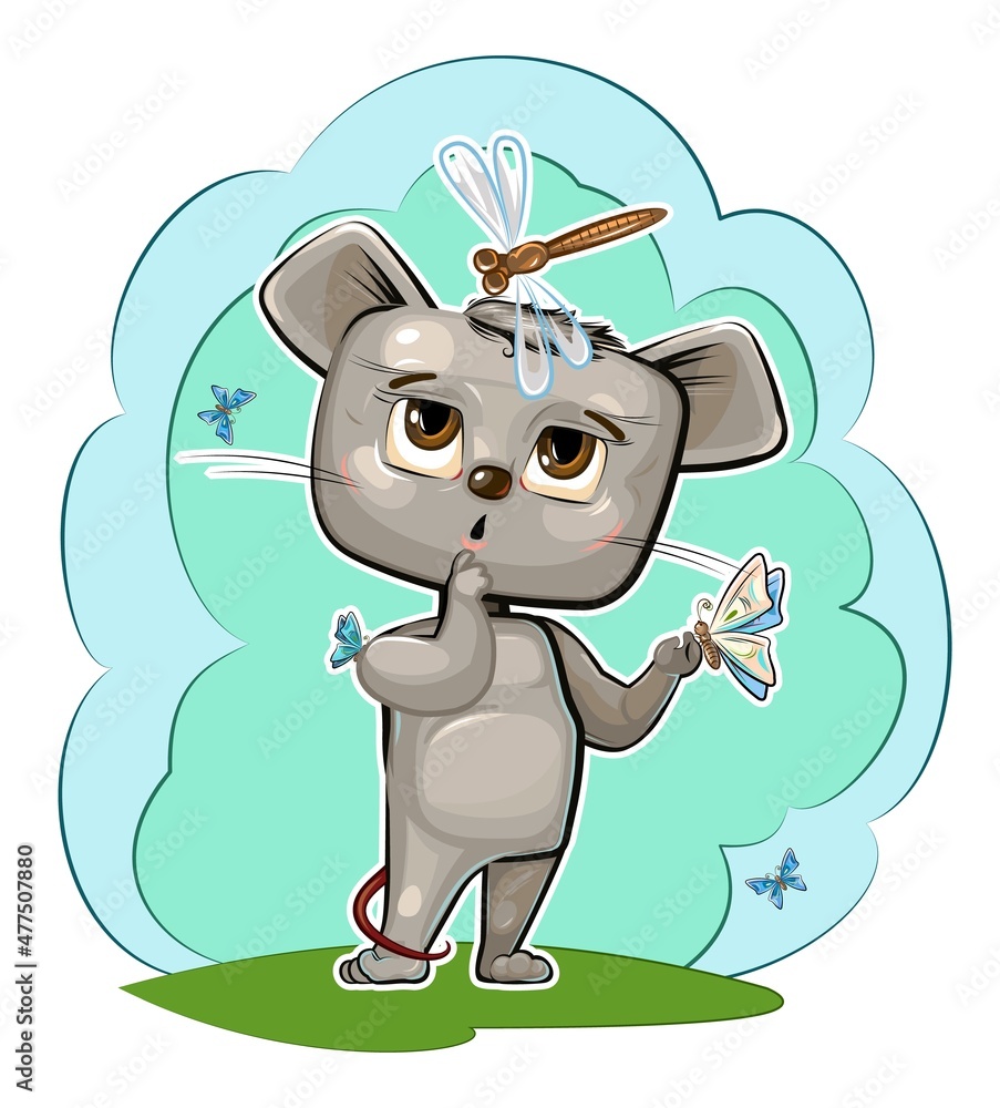 Obraz premium Baby Mouse loves butterflies. Characters of child stand. Funny dragonfly. A young animal. Cute cartoon style. Comic design. Clipart illustration is isolated on white background. Vector