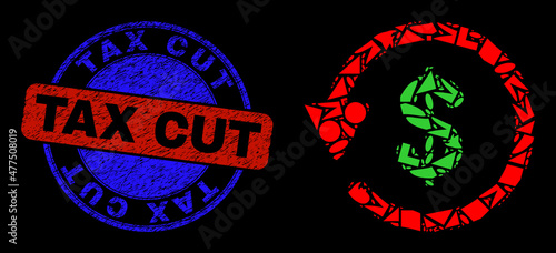 Vector mosaic dollar refund icon with bicolor Tax Cut corroded stamp seal. Abstract concept of dollar refund combined of circle, triangle, square geometric spots.