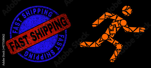 Vector mosaic running man icon, and bicolor Fast Shipping textured seal imitation. Abstract mosaic of running man constructed of circle, triangle, square geometric items.