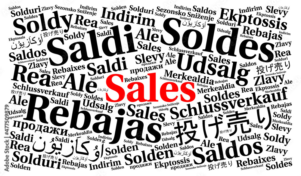Sales word cloud concept in different languages 