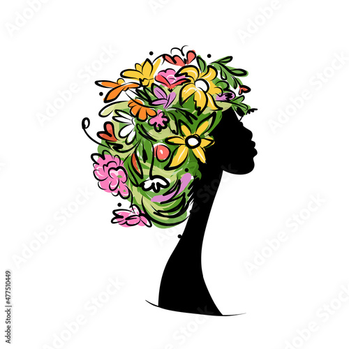 Floral female portrait, pretty woman profile. Design for fashion cards, banne...