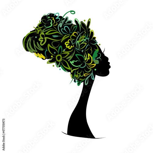 Floral female portrait, pretty woman profile. Design for fashion cards, banne...