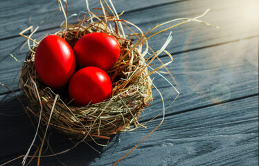 colored deep red Easter eggs in nest top view background, selective focus image. Happy Easter card	

