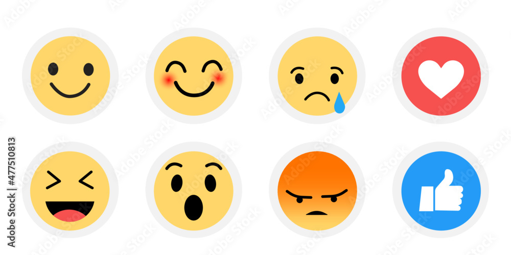 Fototapeta premium A collection of social media emoticons. Happy, Love, Angry, Sad, Cry, Laugh, wow, happy.