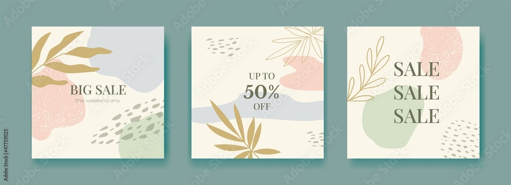 Set of sale post social media pack template premium vector, organic design in pastel colors. Stylish social media posts, story and photos. Editable templates with space for text. Vector Illustration
