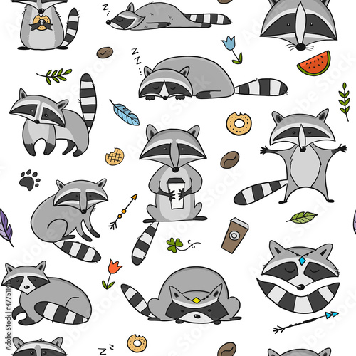 Racoons Family. Funny Characters. Seamless pattern for your design