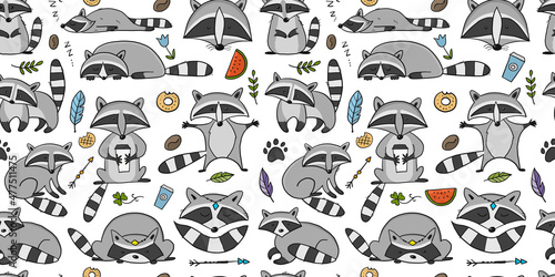 Fototapeta Naklejka Na Ścianę i Meble -  Racoons Family. Funny Characters. Seamless pattern for your design