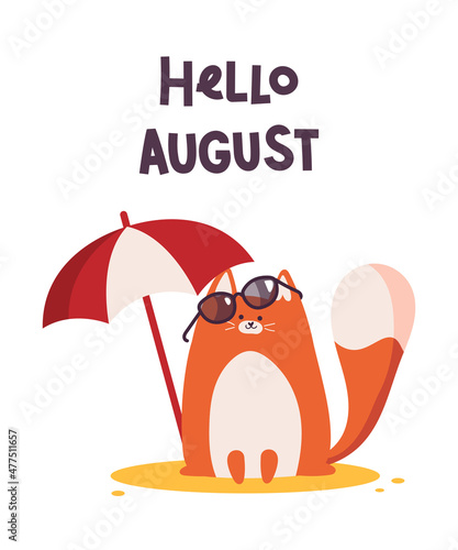 Card hello august with a cat, isolated on white background