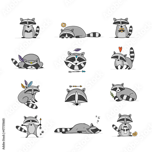 Racoons Family. Funny Characters. Icons set for your design