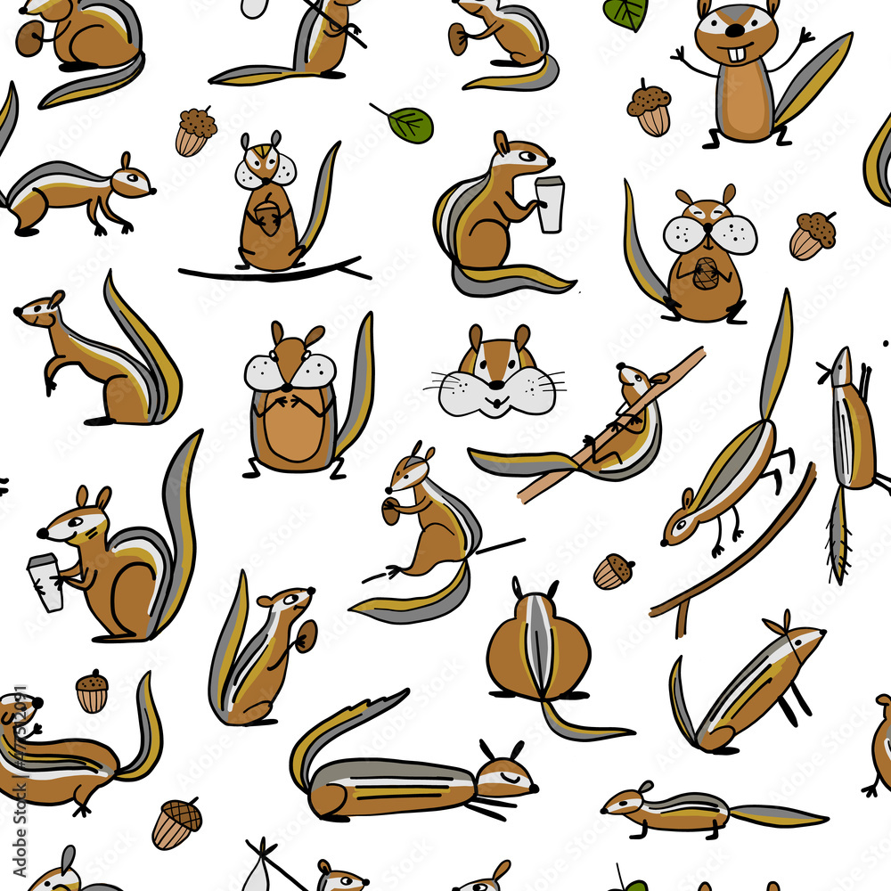 Obraz premium Funny Chimpank family with nuts. Ground Squirrel. Seamless Pattern for your design
