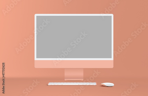 New orange desktop computer display with mouse and keyboard on orange background. Modern blank flat monitor screen. Front view.
