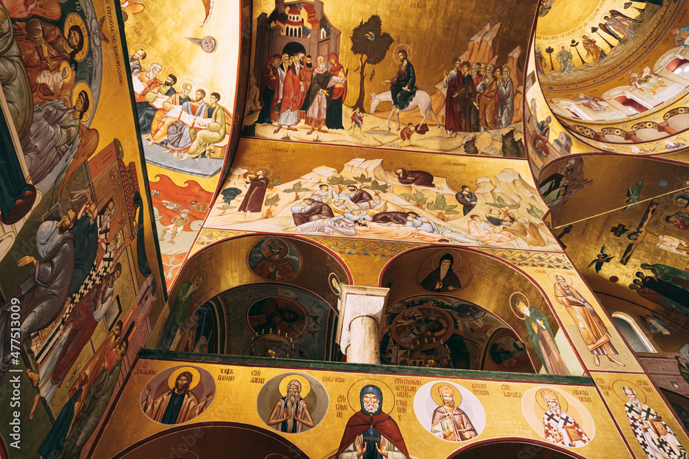Obraz na płótnie Frescoes with biblical scenes inside the Cathedral of the Resurrection of Christ in Podgorica w salonie