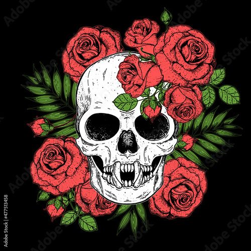 Skull and flowers hand drawn illustration. Tattoo vintage print. Skull and roses.