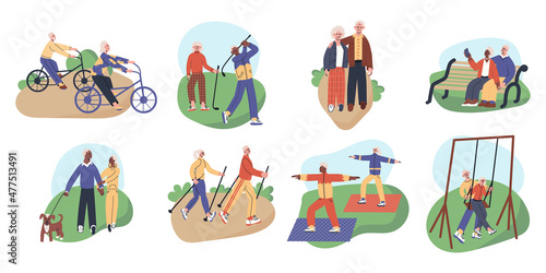 Set with happy active senior couples. Elderly man and woman make nordic walking, yoga, golf, riding bicycles, swing on a swing, take selfiye. Grandmother and grandfather flat vector illustration