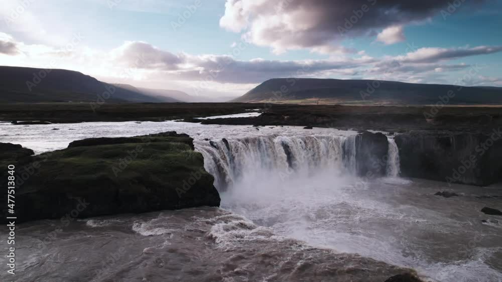 Drone Over Water Towards Godafoss Waterfall Drone Over Water Towards Godafoss Waterfall