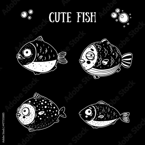 Hand drawn collection with cute fish. Funny print for clothes.