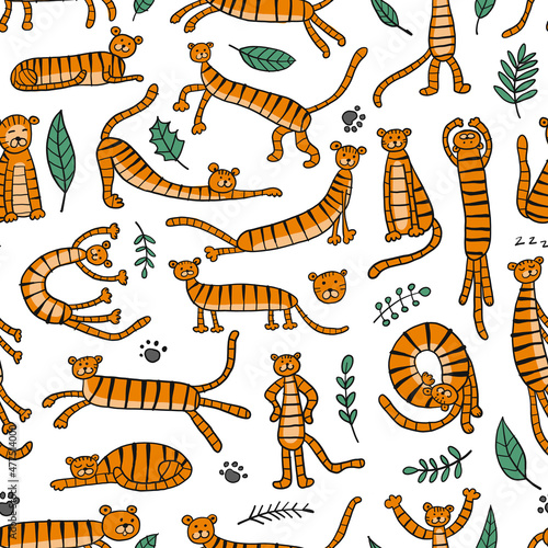 Collection of tigers and tropical leaves. Seamless Pattern for your design