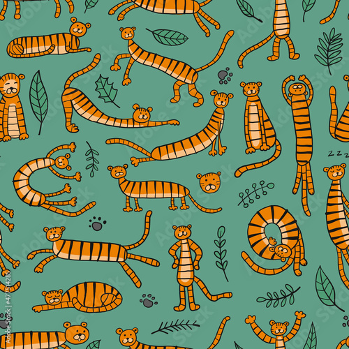 Collection of tigers and tropical leaves. Seamless Pattern for your design