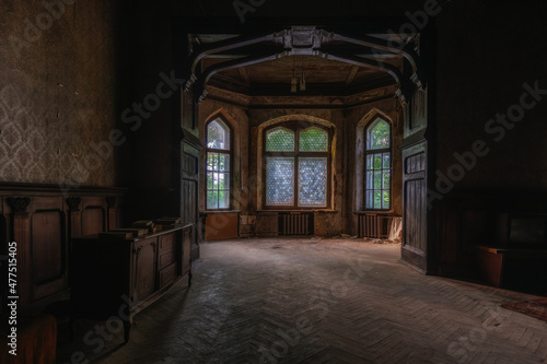 Old abandoned castle with beautiful carved wood decoration. Former Manor Uspenskoye  Moscow region