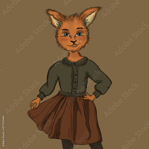 fox girl in green cardigan and brown skirt