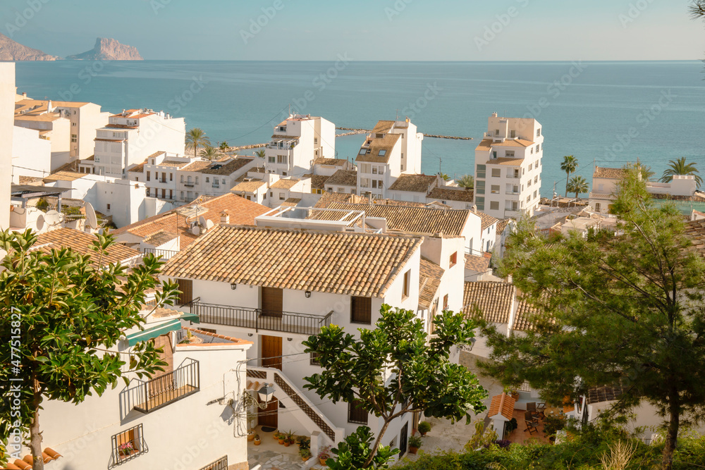 Panorama of the old town with white houses and tiled roofs overlooking the sea, Altea, Costa Blanca, Spain