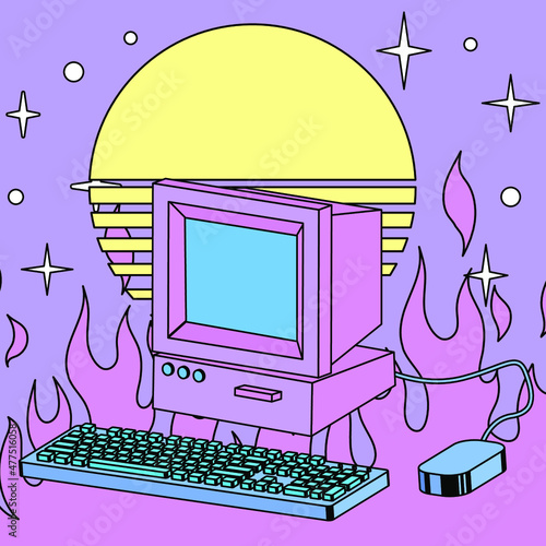 Retro computer machine with a CRT monitor and keyboard and a blaze of fire in the background. Vaporwave style vector illustration in pastel colors.