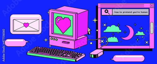 Old retro computer with CRT monitor and keyboard. Vaporwave vintage style aesthetics.