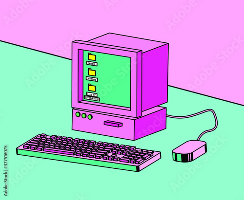 Old retro computer with CRT monitor and keyboard. Vaporwave vintage style aesthetics.