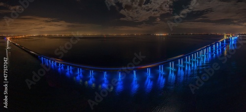 Drone panorama of Sunshine Skyway Bridge over Tampa Bay