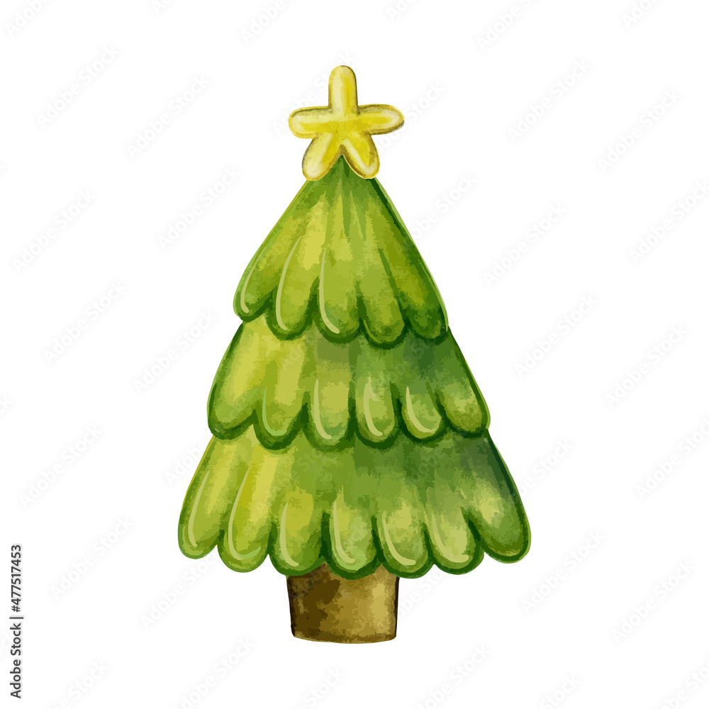 Traditional Christmas tree with star on a white background. Hand drawn watercolor vector illustration Traditional Christmas tree with star on a white background. Hand drawn watercolor vector illustration