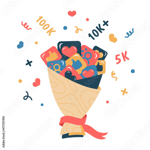 A set of social networking icons. Congratulations Blogger with 10K, 100K, 5K subscribers. Thanks followers. Likes, color bubbles, confetti, greeting card, bouquet and ribbon. Vector illustration