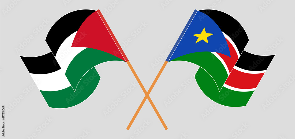 Crossed and waving flags of Palestine and South Sudan Crossed and waving flags of Palestine and South Sudan