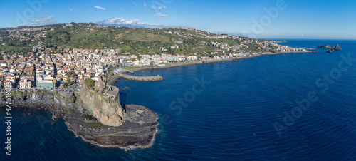 Aerial Panoramic view of Acicastello and its Norman castle © afinocchiaro