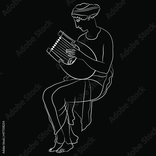 Sitting ancient Greek woman or muse playing the lyre. Vase painting style. White linear silhouette on black background.