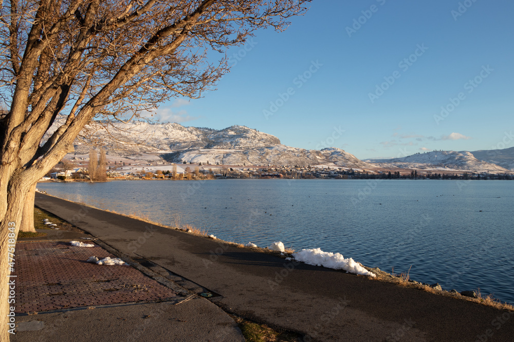 Snow on the mountains at Osoyoos Lake in December
