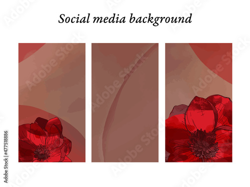 Plantillas de diseño para historias en redes sociales de motivos florales de acuarela en tonos rojos, rosas y malva, con espacio para texto e imágenes