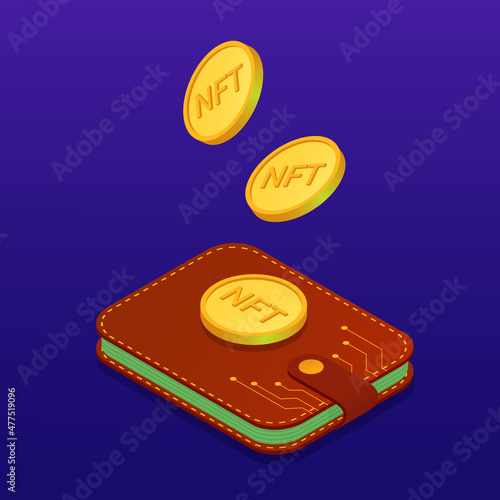 NFT wallet. NFT non fungible token. Nft gold coin and leather wallet. Nft and cryptocurrency investment concept. NFT art.