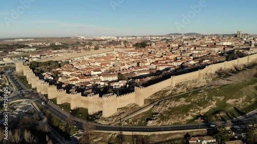 Aerial view of the walled city of Avila, from its soth-west side; Avila's Cathedral at the end photo