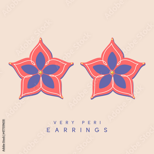 Pair of pink and very peri vector earrings isolated on beige background. Modern jewelry is stylish and luxurious. Design for postcards, banners, printing on fabric, covers. Flat style illustration