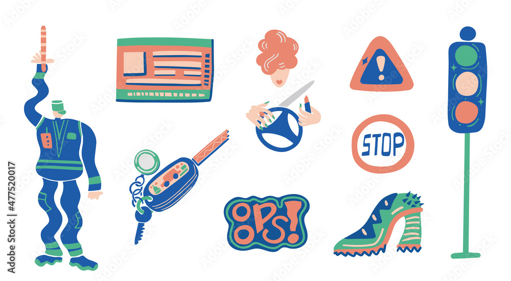 Sticker set driving license test.Young woman in drive seat. Teaching ...